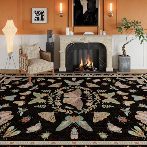 Unirea 5x7 Black Living Room Bedroom Area Rug, Large Washable Non Slip Rug for Dining Room Under Table, Kids Room, Home Office, Thin Soft Boho Stain Resistant Insect Bug Rug, Low Pile Carpet - color: Black, size: 5'x7'