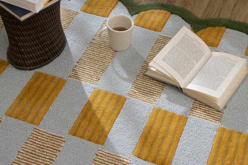 Hand-Tufted Wool Rug with Scalloped Edges, Light Blue Plaid Pattern, Cozy Soft Area Rug for Living Room, Bedroom, and Nursery, Handmade Modern Accent Rug, 7x7 Ft (Round) - color: Light Blue, Beige, Green, size: 7x7 Ft (Round)