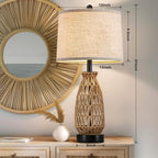 Boho Table Lamp Set of 2, 27" Handwoven Rattan Lamps with Fabric Shade, Bohemian Farmhouse Bedside Lamp Modern Wicker Lamps with Rotary Switch for Bedroom Living Room Nightstands Dorm Farmhouse Decor