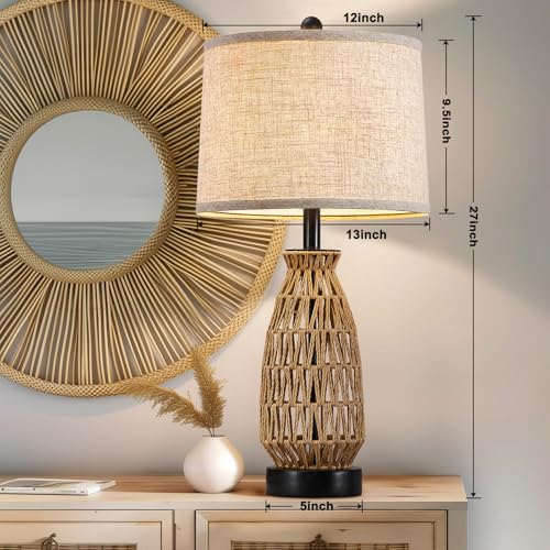 Boho Table Lamp Set of 2, 27" Handwoven Rattan Lamps with Fabric Shade, Bohemian Farmhouse Bedside Lamp Modern Wicker Lamps with Rotary Switch for Bedroom Living Room Nightstands Dorm Farmhouse Decor
