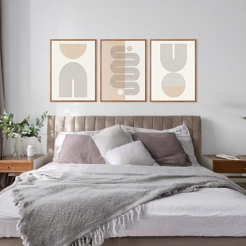 CHDITB Mid-Century Modern Framed Canvas Wall Art Set Of 3, Neutral Art Boho Wall Decor, Beige Geometric Wall Painting, Abstract Minimalist Art Prints For Living Room, Bedroom (12X16 Inch) - color: Abstract line wall art