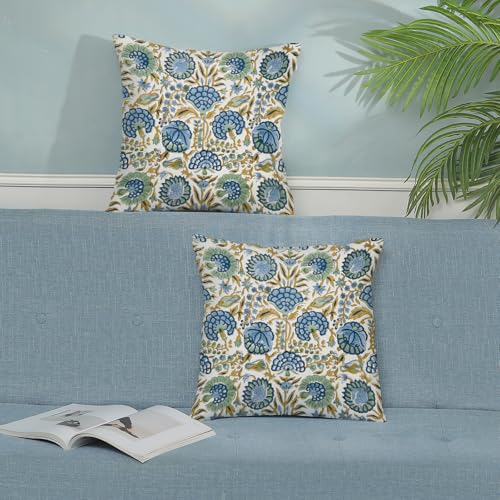 Boho Navy Blue Yellow Pillow Covers 16x16 Inch 2 Pcs Sage Green Vintage Floral Decor Throw Pillows Summer Outdoor Spring Flower Farmhouse Decoration Pillowcase Cushion Cover for Couch Sofa Bed - color: Blue Yellow Green Boho Floral, size: 16" x 16" (Pack