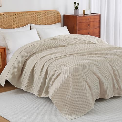 100% Egyptian Cotton Waffle Weave Throw Blanket for Bed Couch Sofa Home Decor, Soft Lightweight Bed & Couch Blanket for All Seasons (Light Khaki - Queen Size - 90 * 90") - color: Light Khaki, size: Queen - 90*90''