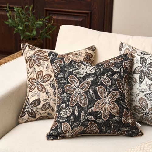 Yangest Flower Pillow Cover 18 x18 Inches, Nature Chenille Square Throw Pillow Cover Soft Luxury Neutral Accent Couch Pillow Cover for Living Room Bedroom, Black - color: Black, size: 18" x 18" (Pack of 1)