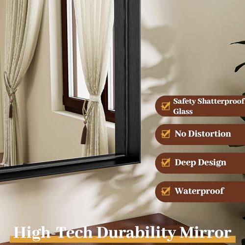26" x 38" Luxury Arched Bathroom Mirror - Arch Wall Mirror with Shatterproof Tempered Glass and Metal Deep Frame, Hanging or Leaning for Living Room, Dresser, Entrance and Hallway, Black - color: Black, size: 38"L x 26"W