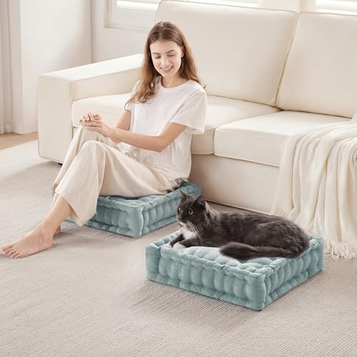 Intelligent Design Floor Pillow - Shredded Foam Filled Meditation & Yoga Cushion, Chenille Tufted, Handsewn Scalloped Edge, Oeko-TEX Certified, Azza, 20" x 20" x 5" Aqua - color: Aqua