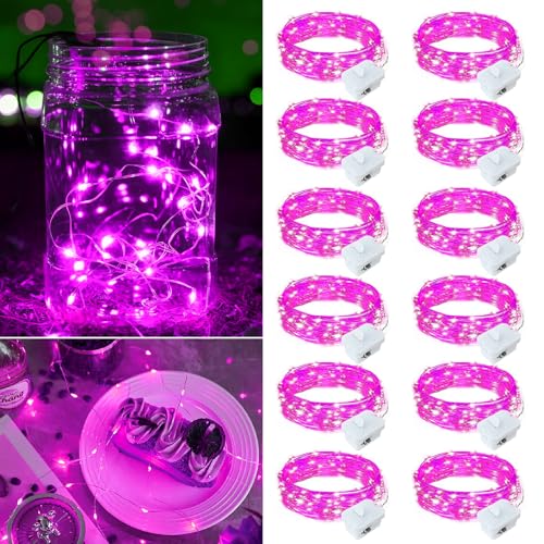 12 Pack Pink Fairy Lights Battery Operated, 7ft 20 LED Mini String Twinkle Lights for Christmas Halloween Party Valentine's Day Mason Jars Centerpiece Table Decorations (12, Pink) - color: Pink