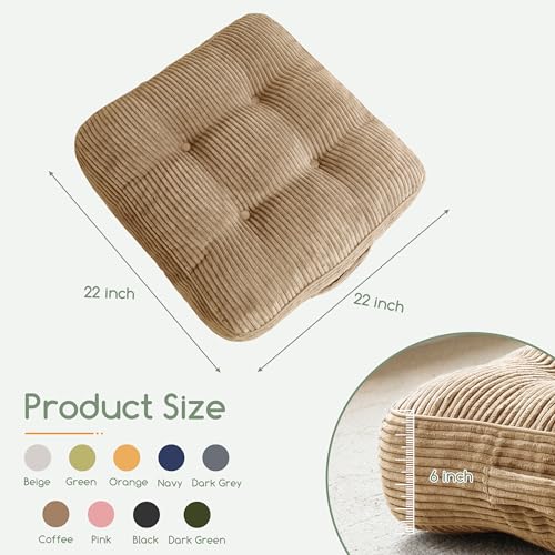 HIGOGOGO 6" Extra Thick Floor Pillow Cushion for Adults, Meditation Cushion Pillow, Large Square Floor Sitting, Tufted Corduroy Cover, for Tatami Living Room or Yoga, 22x22 Inch, Coffee - color: Square Coffee, size: 6" Thick(Pack of 1)