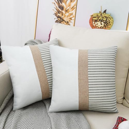JASEN Farmhouse Pillow Covers 20x20, Modern Accent Square Throw Pillow Covers Set of 2, Black and Beige Striped Patchwork Decorative Pillow Case for Sofa Couch Chair Bedroom - color: Black, size: 20" x 20" (Pack of 2)