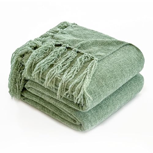 Simple&Opulence Soft Chenille Throw Blanket 50'' x 60'' - Cozy Fluffy Blanket with Fringe Tassel, Farmhouse Boho Blankets for Couch Bed Office Chair Gift Home Decor All Season Use,Sage Green - color: Sage Green