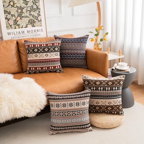 Couch Decorative Farmhouse Boho Throw Pillow Covers 18X18 Inch Set of 4 Vintage Hippie Pillow Cases Colorful Textured Pillows for Sofa Living Room Bedroom Summer Outdoor Patio Porch - color: Rustic Folk, size: 18" x 18" (Pack of 4)