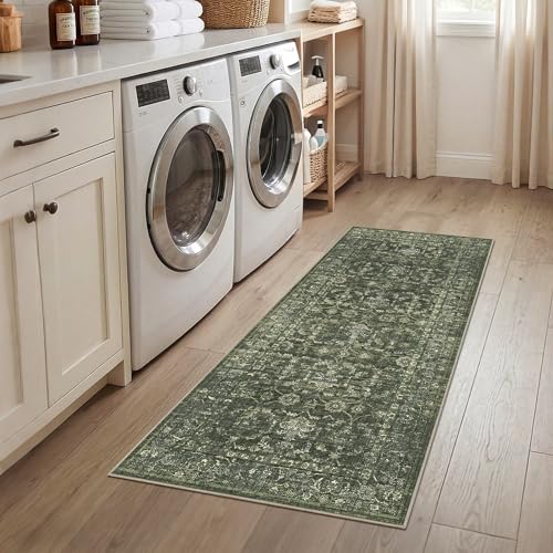 2x5 Green Runner Rug Hallway Washable Area Rugs Kitchen Vintage Boho Non Slip Long Rug Floral Carpet Indoor Retro Soft Low Pile Throw Rug for Bedroom Bathroom Laundry Dining Living Room Office - color: Dark Green, size: 2' x 5' (Runner)