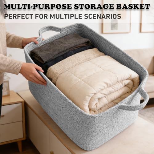 96L Large Blanket Basket,24"x16"x15"Rectangle Storage Bin with Handles,Woven Rope Laundry Basket for Toys, Clothes,Magazines,Home Organization,Nursery,Living Room & Bedroom,Grey - color: Grey, size: 24"x16"x15"(96L)