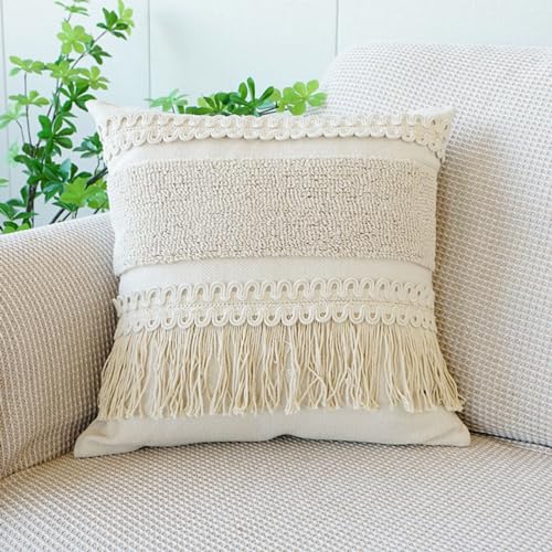Boho Throw Pillow Cover Tassels Textured Striped Bed Pillow Shams Farmhouse Neutral Decorative Soft Pillowcase for Sofa Couch Bed (PatternA,18"x18") - color: Pattern a, size: 18"x18",Throw Pillow Covers