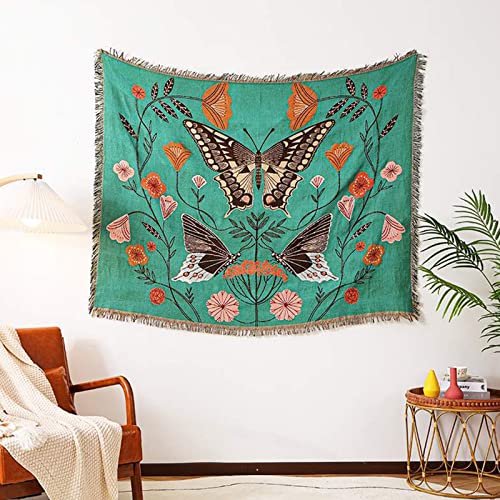 LumiSyne Double-Sided Cotton Woven Throw Blanket with Tassel Jungle Bohemian Style Tapestry Shawl Multi-Function Decorative Throws for Sofa Bed Armchair Camping Blanket Tablecloth Carpet 160x130cm - color: Butterfly Dance