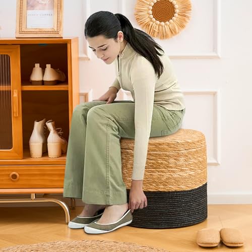 Wimarsbon 18'' Ottoman Pouf, Natural Braided Poof, Rustic Handweave Lounge Pouffe, Boho Footrest Stool for Bedroom, Accent Table for Living Room (Storage - 18inch Cattail+Black Corn Husk L) - color: Storage - 18inch Cattail+black Corn Husk L