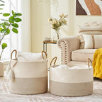 KAKAMAY Large Blanket Basket (18"x18"x16"), Woven Baby Laundry Hamper for Storage, Cotton Rope Basket for Nursery, Laundry, Living Room, Pillows, Baby Toy Chest with Handles (Black Stripes) - color: Brown and White