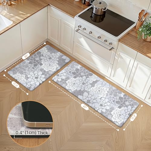 GENIMO Kitchen Mats for Floor, Kitchen Rugs Non Slip Washable Sets of 2, Waterproof Cushioned Anti Fatigue Mat, Floral Runner Rug for Laundry, Sink, Office, Home, 17.3"x47"+17.3"x30", Lavender Grey - color: Lavender Grey, size: 17.3"x47"+17.3"x30"