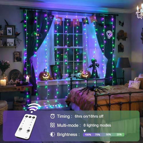 JMEXSUSS 300LED Halloween Curtain Lights with Remote, 9.8x9.8ft Halloween Lights Plug in, Christmas Twinkle Hanging String Light for Bedroom Wall Window Backdrop Indoor Outdoor Decor, Purple and Green - color: Purple ann Green, size: 300 LED