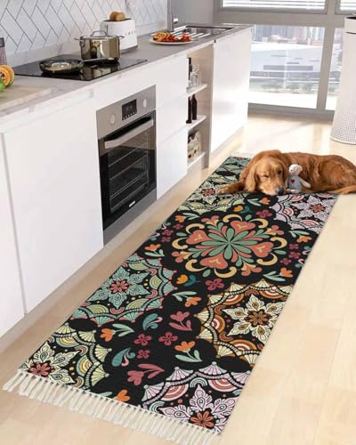 Black Boho Kitchen Runner Rug 2' x 4', Ethnic Country Colorful Abstract Floral Motifs Washable Rug with Tassels, Non Slip Woven Cotton Bathroom Rugs Hallway Carpet for Foyer Bedroom Entry Back Door - color: Multicolor Black, size: 2' x 4' (Rectangular)