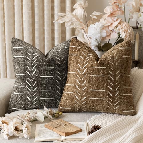 Home Décor Decorative Boho Accent Chenille Throw Pillow Covers, Textured Neutral Cushion Covers, Soft Farmhouse Pillowcase for Couch Sofa Bed Living Room, 18×18 Inch, Set of 2, Cocoa Brown - color: Cocoa Brown, size: 18" x 18" (Pack of 2)