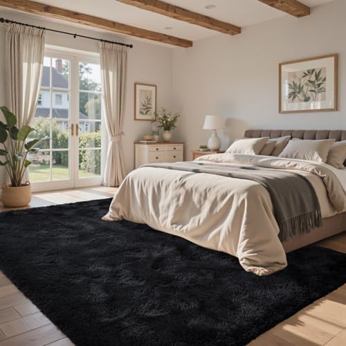 Black Rugs for Living Room Fluffy 4x6 ft Bedroom Rug Non-Slip Area Rugs Shag Carpet for Nursery Kids PlayRoom Dorm Office Indoor Modern Plush Carpets Boys - color: A-black, size: 4' X 6' (Rectangular)