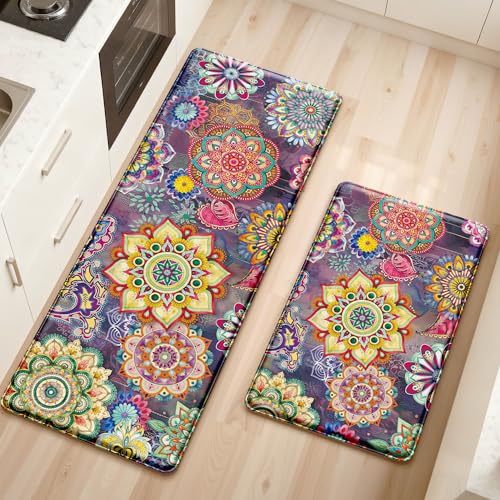Boho Red Floral Kitchen Rugs Mats for Floor 2 Piece Memory Foam Padded Kitchen Mats Anti Fatigue Non Slip Cushioned Comfort Standing Mat, 17.3x28+17.3x47 Inch - color: Boho Red, size: 17.3"x28"+17.3"x47"-0.40Th[2PCS]