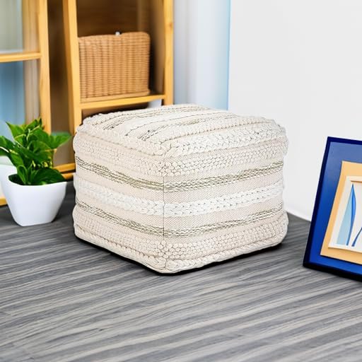SIMPLIHOME Sommer Square Pouf - 18 inch Wide Upholstered Handloom Woven Cotton Ottoman in Natural, Boho-Style Footstool, Extra Seating or Accent Piece for Living Room or Bedroom, Assembled - color: Natural, style: Cotton Pouf