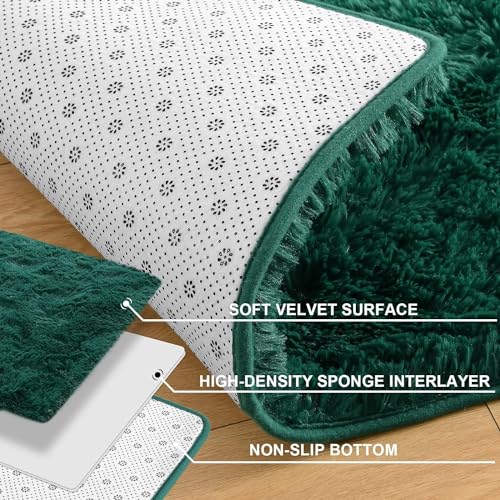 Merelax Fluffy Shaggy Area Rug, Deep Green 2x3 Small Rugs for Fireplace Christmas Holiday Decor, Mini Fuzzy Plush Throw Rug, Soft Non-Slip Entryway Rugs Shag Catpet for Livingroom Home Aesthetic - color: Deep Green, size: 2' x 3' (Rectangular)