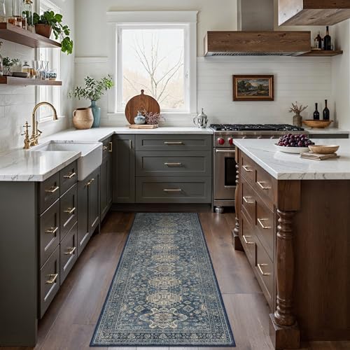 Bavni Washable Runner Rug 2x6, Non Slip Hallway Rug, Vintage Aesthetic Thin Low Pile Washable Carpet for Kitchen Bedroom Entryway, Blue - color: Blue, size: 2' x 6' (Rectangular)