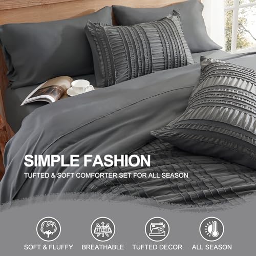DHSFKBE Dark Grey Tufted Textured Comforter Set King Size, 7 Piece Bed in a Bag，Shabby Chic Boho Bedding for Bedroom Comforter，All Season Soft Microfiber Ruffle Comforter Set with Pillow and Sheets - color: Dark Grey, size: King
