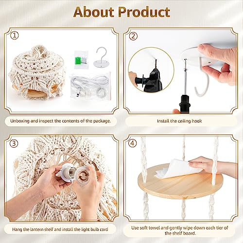 ANROYE 3-Tier Cotton Macrame Hanging Light Fixture Shelf, Boho Corner Pendant Lamp Shade Shelves, Farmhouse Ceiling Plant Hanger Indoor Decor for Women Bedroom Christmas Gift