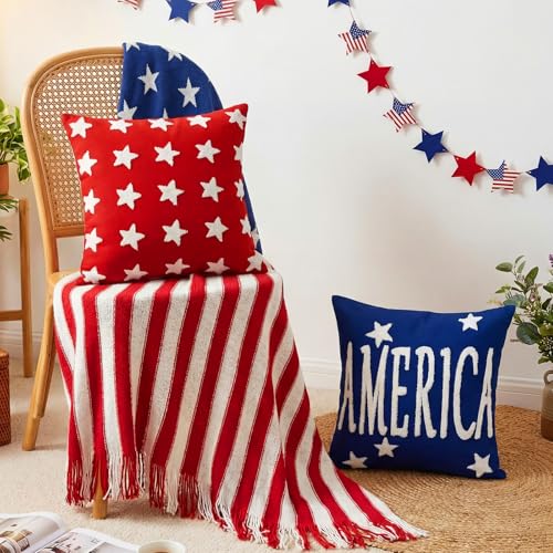 Fourluoo 4 Pcs 4th of July Throw Pillow Covers 18x18 Inch Patriotic Soft Plush Faux Fur Jacquard Cushion Pillow Case Freedom America Red White and Blue Pillowcase for Cushion Case Sofa Couch Decor - style: Patriotic