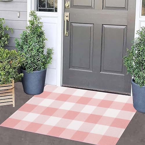 Pink and White Outdoor Rug 24''x35'' Buffalo Plaid Porch Mat Cotton Woven Machine Washable Carpet for Layered Doormat Hello/Welcome Door Mat,Kitchen,Farmhouse,Entryway - color: Pink White, size: 24''x 35''