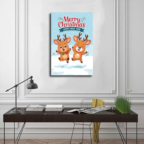 JDBeehpy Merry Christmas & Happy New Year Frame Canvas Print Wall Art Painting Reindeer Playing Happily in Snow Cute Poster Home Decor Mural 08x12inch(20x30cm) - color: Reindeer Frame, size: 12L" x 8W"