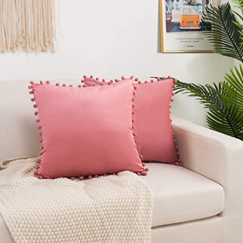 Elegant Comfort POM-POM Fringe Velvet Cushion Covers Set of 2, Velvet Soft Solid Decorative Square Throw Pillow Covers Set Cushion Case for Couch, Livingroom 18 x 18 Inch (45 x 45 cm), Dusty Rose Pink - color: Dusty Rose Pink, size: 18" x 18" (Pack of 2)