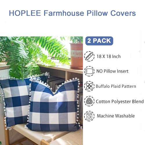 HOPLEE Buffalo Plaid Pillow Covers Navy Blue Pillow Covers 18x18 Farmhouse Buffalo Check Pillows Covers with Pom Pom for Home Decor 18x18 Inches Set of 2 - color: Navy Plaid Pom, size: 18" x 18" (Pack of 2)