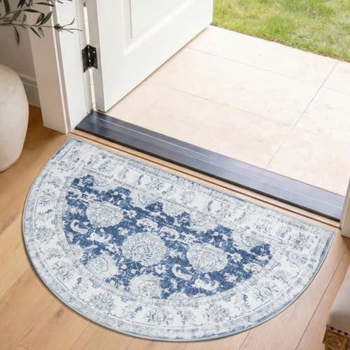 jinchan Fiora Washable Small Area Rug, 2x3 Half Circle Floral Entryway Rug, Low Pile Half Moon Doormat Soft Non Slip Dirt Trapping Carpet for High Traffic Kitchen Bathroom Vanity, Distressed Dark Blue - color: Distressed Dark Blue, size: 1'9" x 3' (Semici