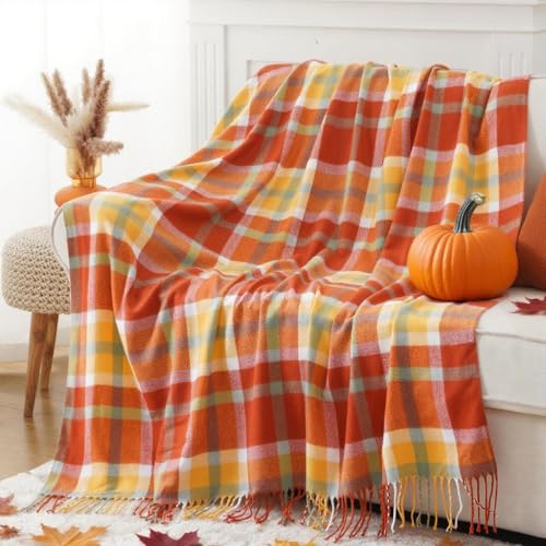 BATTILO HOME Fall Blanket Throw for Couch, Orange Plaid Throw Blankts, Burnt Orange Throw Blankets Farmhouse Style, Super Soft Decorative Multicolor Throw for Fall Decoration 50"x60" - color: Orange Red