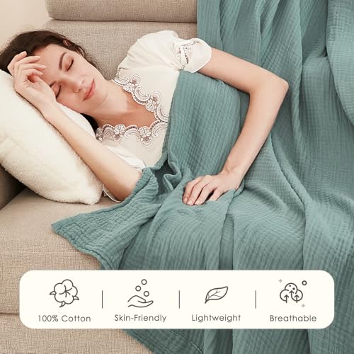 EMME Muslin Throw Blanket for Adults 100% Cotton Blankets for Couch 4-Layer Summer Breathable Gauze All Season Soft and Lightweight Pre-Washed (Teal, 50"x71") - color: 01 - Teal, size: Throw XL (50" x 71")