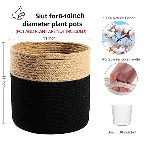 Woven Cotton Rope Plant Basket for 10.5" Flower Pot Floor Indoor Planters Flower Pot, Home Decor Storage Organizer H11 x W11 Black&Brown - color: Brown Black, size: W 11"x H 11"