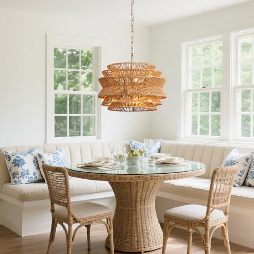 6-Light Boho Rattan Chandelier, 17.7 inch Hand Woven Farmhouse Hanging Light Fixture, Rustic Woven Ceiling Lamp for Kitchen Island, Dining Room, Living Room & Foyer - color: 17.7" Brown