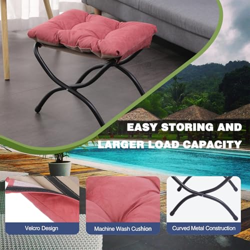 15" Foldable Foot Stool Ottoman with Metal Frame - Washable Red Upholstered Indoor/Outdoor Footrest for Living Room, Bedroom, Patio - Space-Saving Compact Design - color: Red