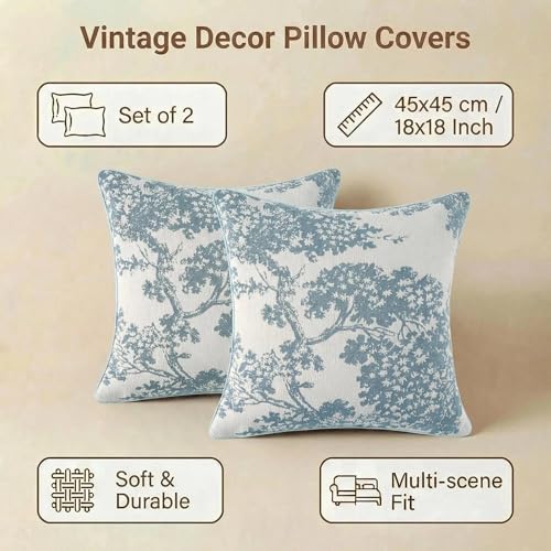 Mantle & Mason Floral 18x18 Throw Pillow Covers Set of 2, French Vintage Woven Jacquard Decorative Accent Pillow Cases for Couch, 430GSM Thick Chenille & Luxury Velvet, Blue - color: Tree Pattern Blue, size: 18" x 18" (Pack of 2)