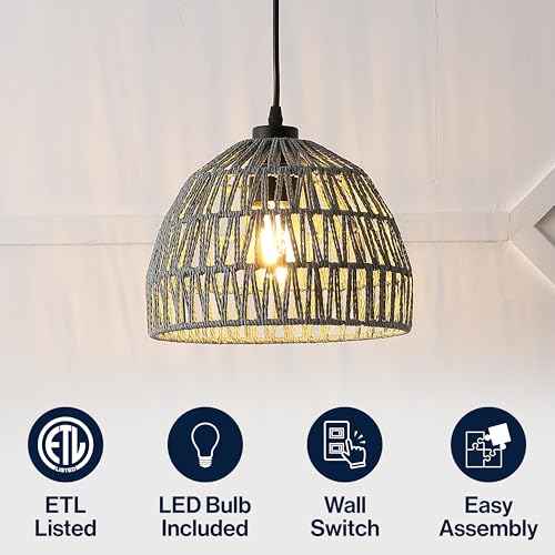JONATHAN Y 10.25" Gray Modern Bohemian Woven Rope LED Pendant Light Fixture, Adjustable Dome Ceiling Lamp for Kitchen Island, Rope Shade, Coastal Farmhouse Decor (JYL6513D) - color: Gray, size: 10.25"