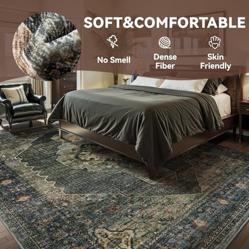 Engiw Olive Green 9x12 Area Rugs for Living Room Bedroom Rug Washable Vintage Neutral Farmhouse Rug Carpet Dining Room Rugs Office Retro Oriental Easy Clean Non Slip Large - color: Dark Green/Olive, size: 9' X 12' (Rectangular)