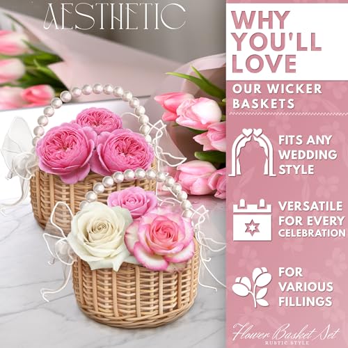Small Flower Girl Basket Set of 2 - Lightweight Boho Small Wicker Basket with Handle, Pearl Detail, Bows & Waterproof Lining - Summer Wedding, Bridal Shower, Petal Toss, Bridesmaid Gifts & Home Decor - color: Brown Pearl Handle