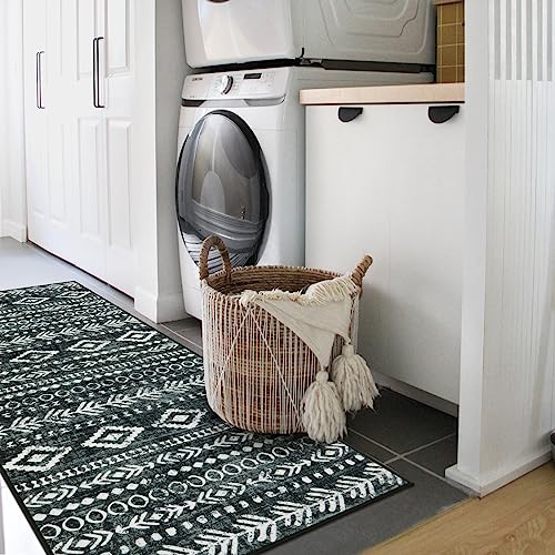 Lahome Washable Rug Runners for Hallways Non Slip, Boho Moroccan Black White 2x5 Hallway Runner Rug with Rubber Backing, Low-Pile Soft Rustic Tribal Print Carpet Runner for Bedroom Entryway Varena - color: Black/White, size: 2' x 5'
