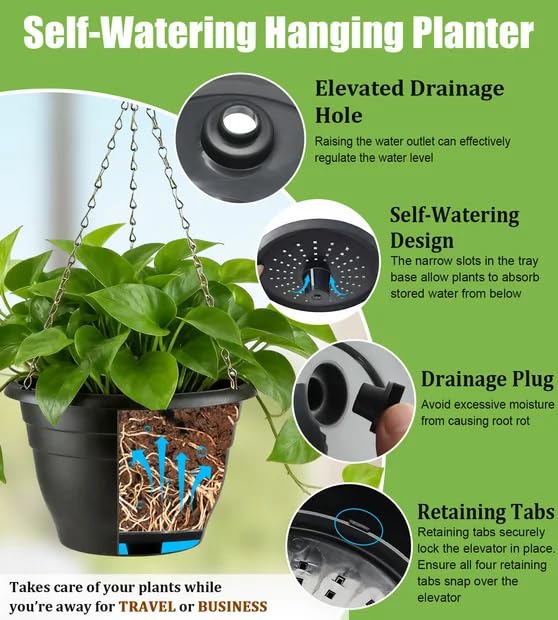RooTrimmer Hanging Planters 11 Inch, 3 Pcs Flower Pots with Drainage Hole, Self Watering Hanging Basket for Indoor Outdoor Plants, Decor, Black - color: Black, size: 11 Inch-3P