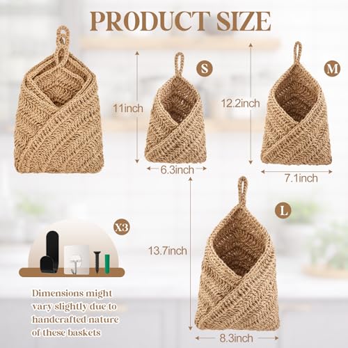 Honeydak Boho Decor Hanging Wall Baskets for Kitchen 3 Pack Teardrop Baskets with Hooks Storage Fruit Onion Vegetable Potato for Home 3 Sizes(Linen,Triangle,Jute) - color: Linen, size: Jute, style: Triangle